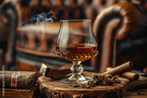 glass of cognac and cigar setting background 