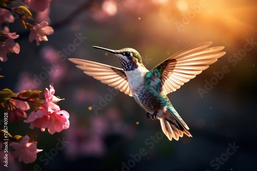  a hummingbird flying through the air with its wings wide open and wings wide open, with pink flowers in the foreground and a sunbeam in the background.