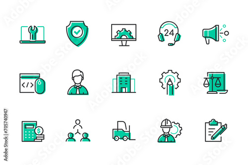 Setup and technical support - set of line design style icons isolated on white background. High quality images of gear, law, business, finance, communication between people and employees idea