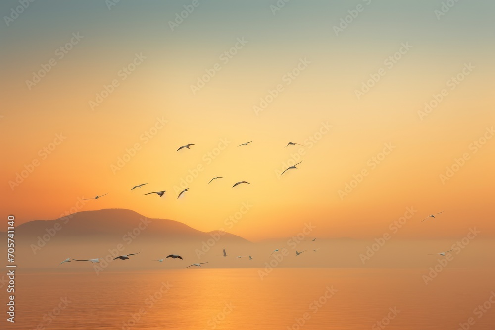  a flock of birds flying over a body of water with a mountain in the distance in the distance in the distance is a body of water with birds flying in the foreground.