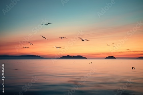  a flock of seagulls flying over a body of water with a sunset in the back ground and a small island in the middle of the water in the foreground. © Nadia