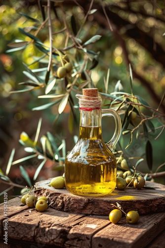 Olive oil in a glass bottle on a wooden table with fresh olive tree branches and olive berries