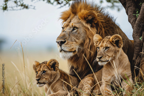 Lovely lion family endangered animal wildlife  lion father with cubs.