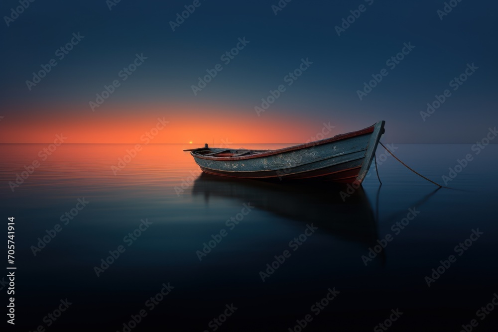  a small boat floating on top of a large body of water at sunset with a red and white boat in the middle of the water and a dark blue sky.