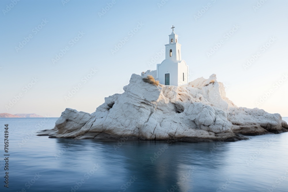  a small white church on a rock outcropping in the middle of a body of water with a cross in the middle of the top of the rock.