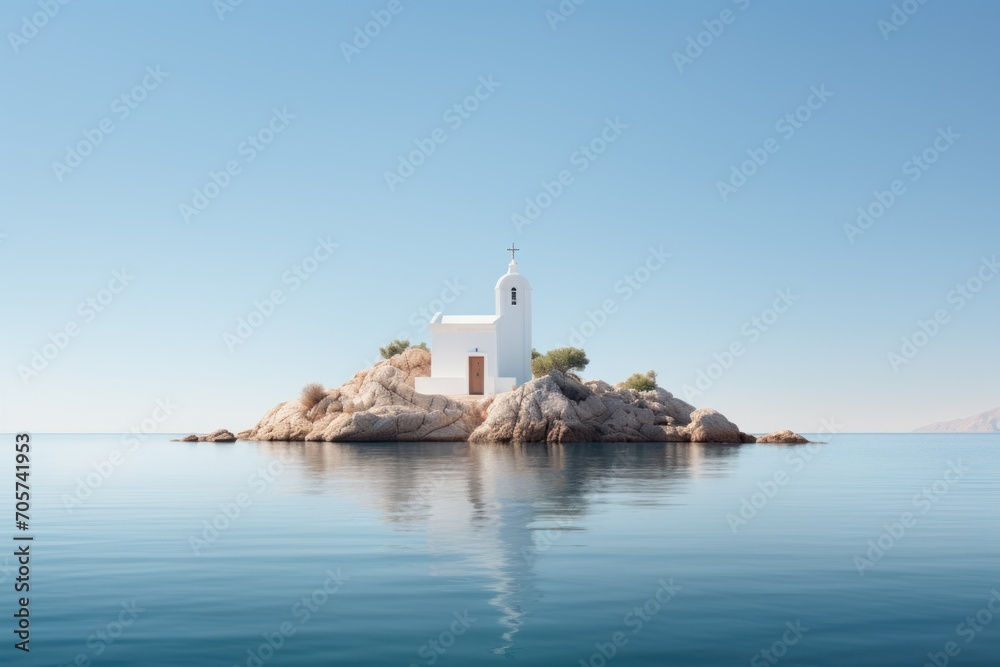  a small white church on a small island in the middle of the ocean with a clear blue sky above it and a few small trees on top of rocks in the water.