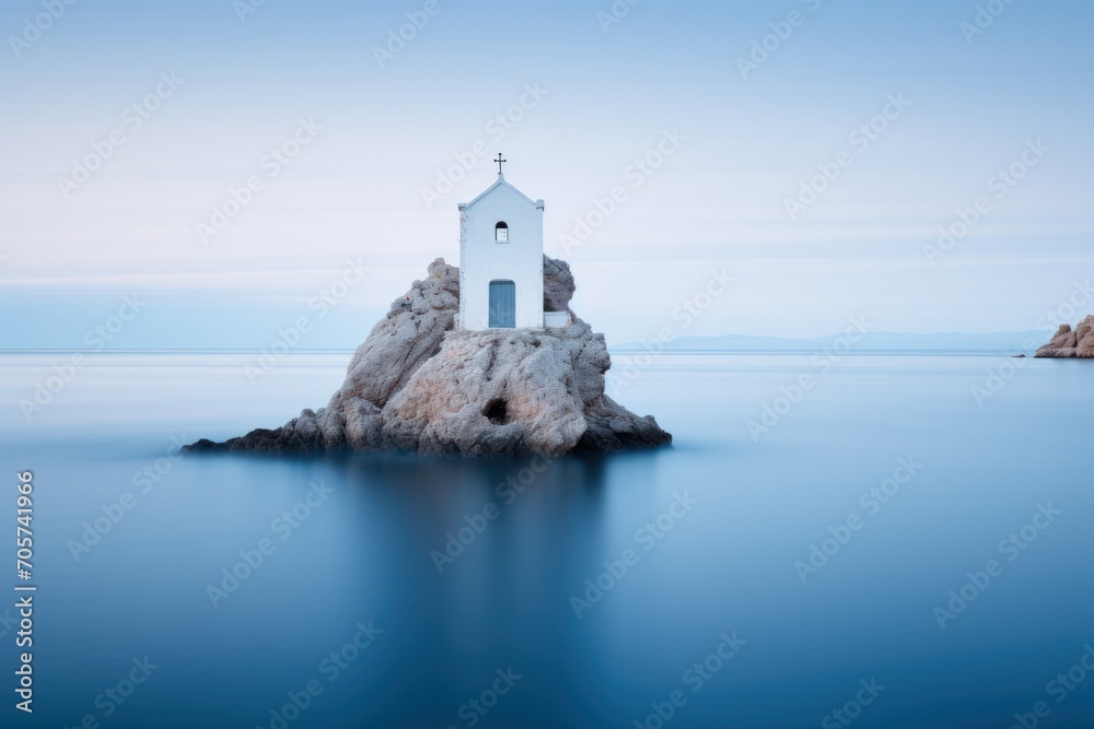  a small white church sitting on top of a rock in the middle of a body of water with a cross on top of the rock in the middle of the water.