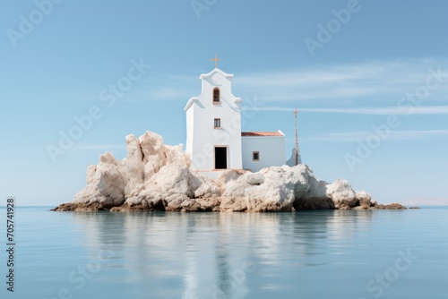  a white church sitting on top of a small island in the middle of a body of water with a flag on top of it and a flag on top of it.