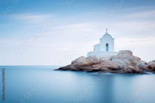  a small white church sitting on top of a rock in the middle of a body of water with a cross on top of the rock in the middle of the water.