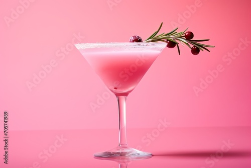  a pink drink in a martini glass with a sprig of rosemary on the rim and a red berry garnish on the rim, on a pink background.