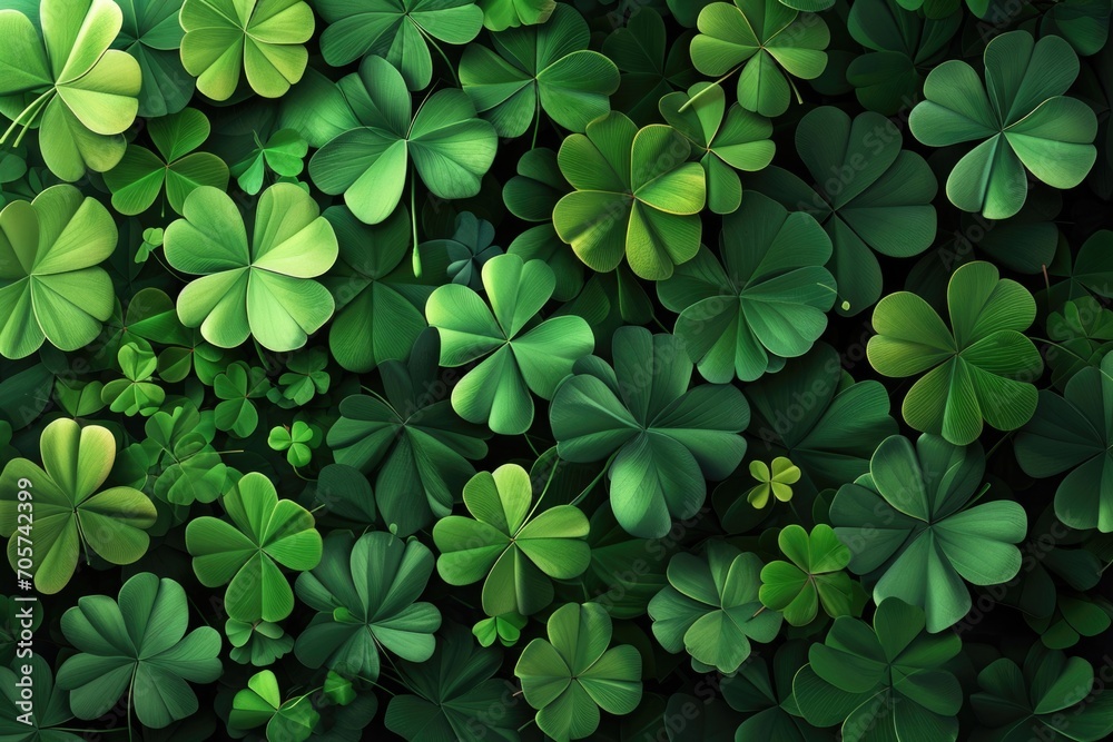 Green background with three-leaved shamrocks. St. Patrick's day holiday symbol. Green background with three-leaved shamrocks. St. Patrick's day holiday symbol.