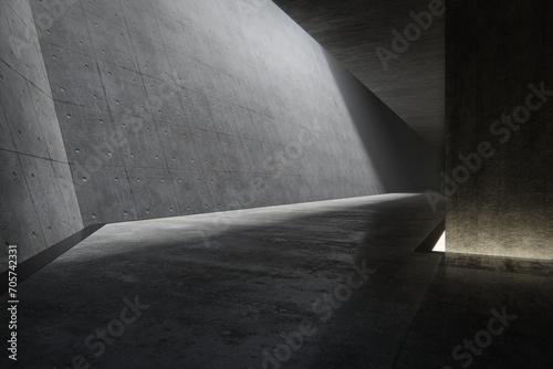 Empty underground concrete hall for parking. 3d rendering of abstract interior background.