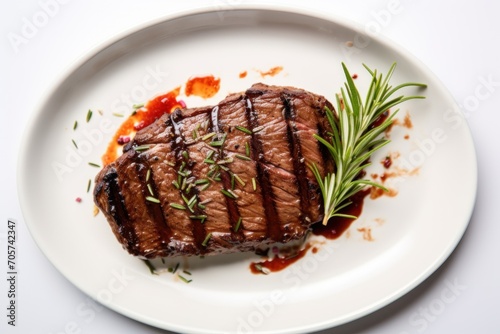  a white plate topped with a piece of steak covered in sauce and garnished with a sprig of green leaves and a sprig of rosemary.