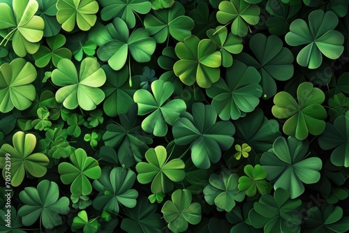 Green background with three-leaved shamrocks. St. Patrick's day holiday symbol.
