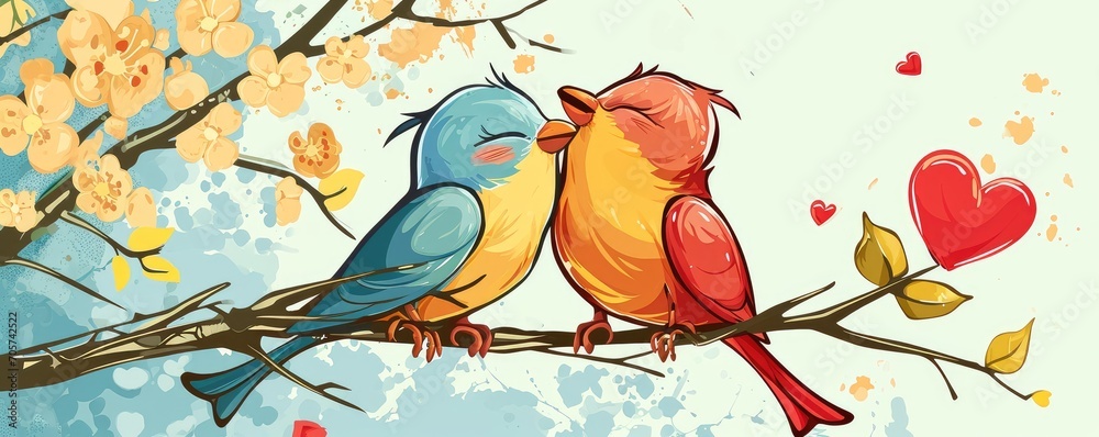 Two Colorful Lovebirds Perched on a Blossoming Branch Against a Pastel Sky