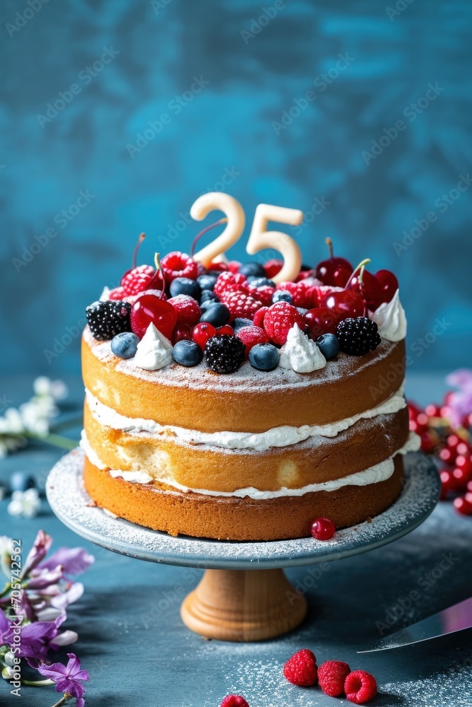 birthday cake with candles on top and number 25, blue background