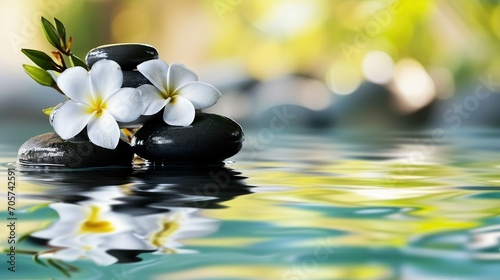 Relax background with frangipani flowers  water and black stone. copy space.