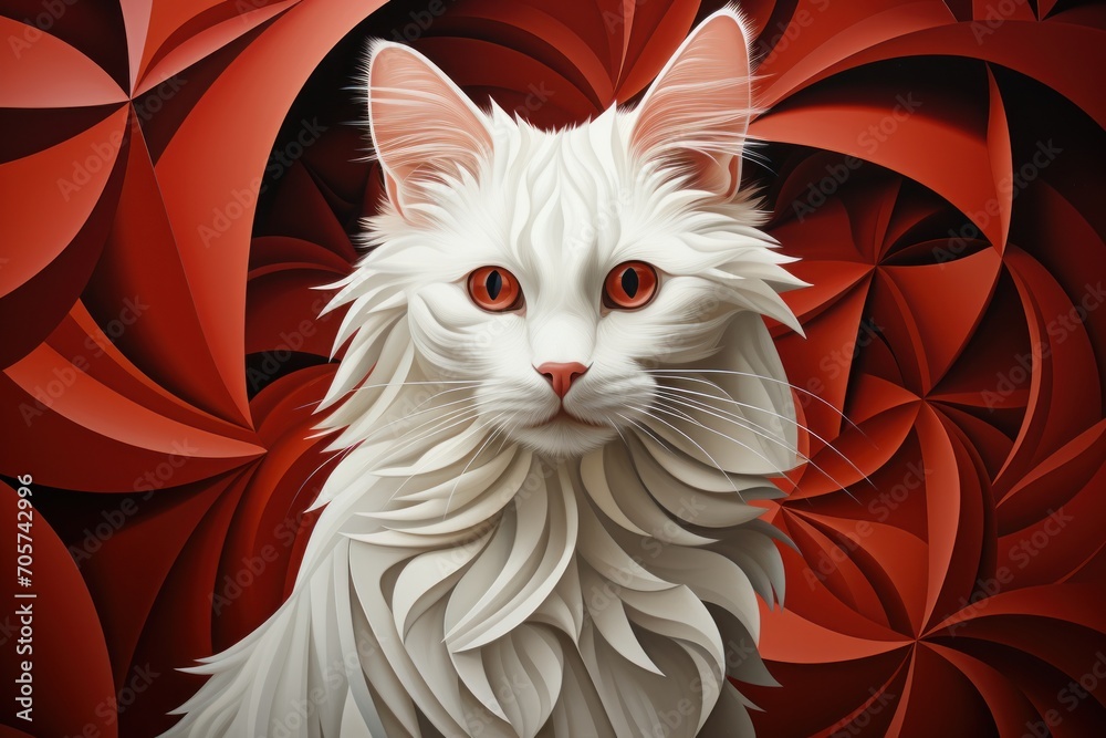 a white cat with red eyes sitting in front of a red and white ...