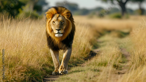 Majestic lion surveys the savanna  tall grasses framing its form