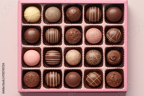 Assortment of luxury bonbons in box on pastel pink background. Exclusive handmade chocolate candy. Minimal food concept