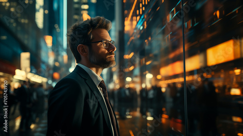 businessman looking to the side, standing in the middle of the street surrounded by buildings, with people walking in the city