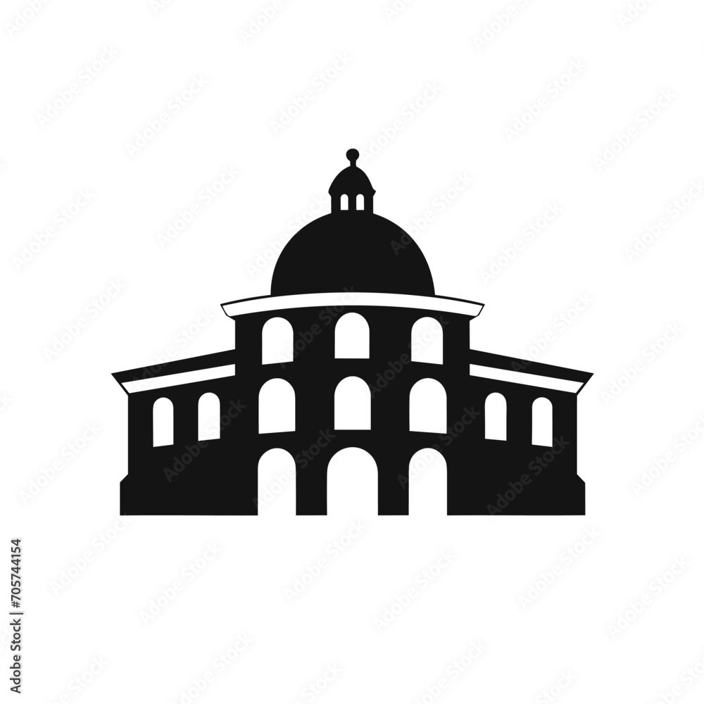 Building simple flat black and white icon logo, reminiscent of Colosseum, Architecture Heritage Design Vector Black and White.