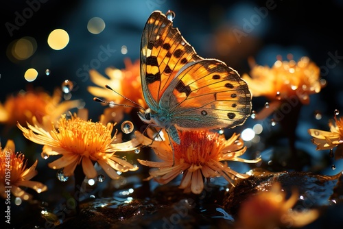  a close up of a butterfly on a flower with drops of water on it's wings and a blurry background of yellow flowers and water droplets on the petals.
