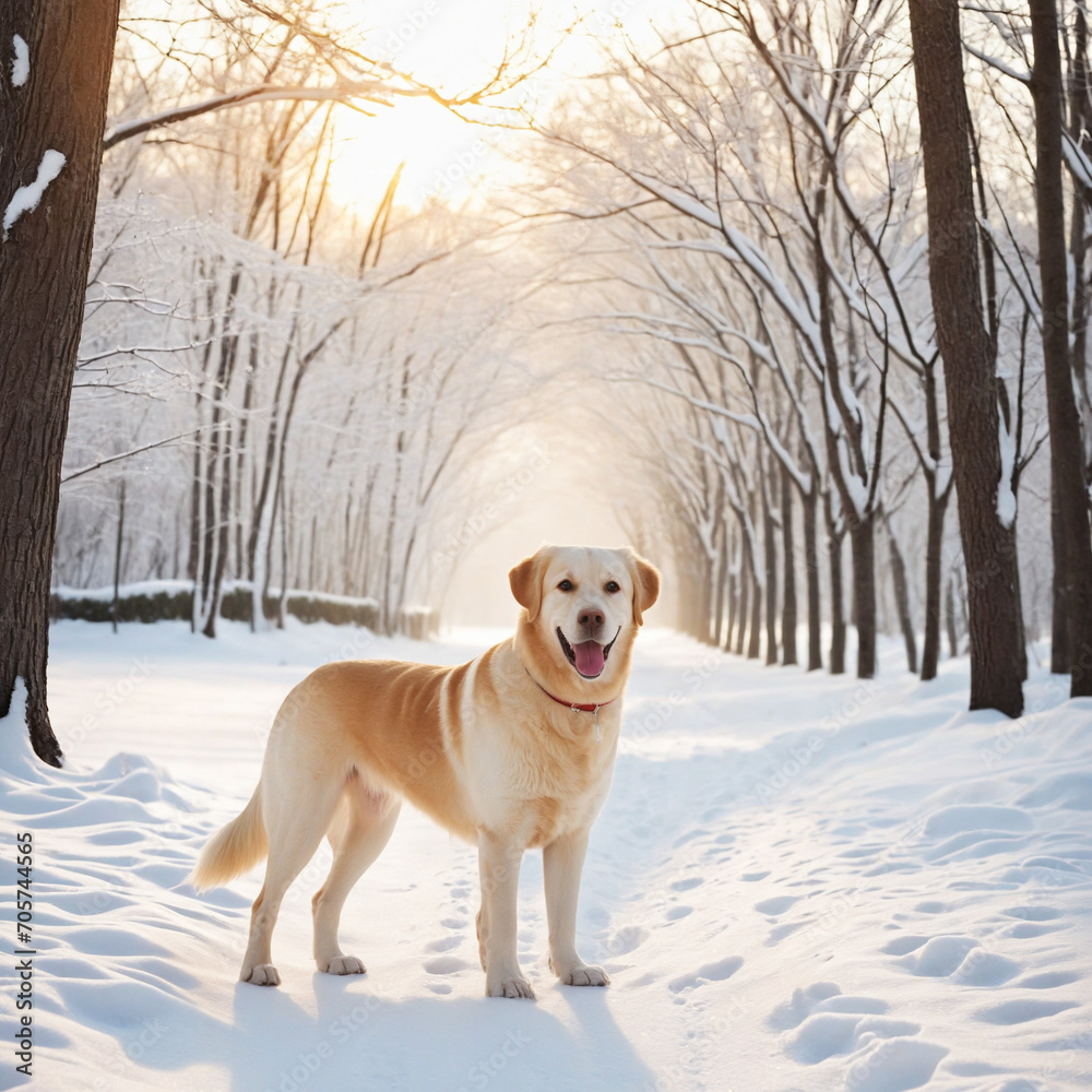 Merry Christmas and Happy New Year Greeting Card featuring a Happy Dog taking a walk in the park.