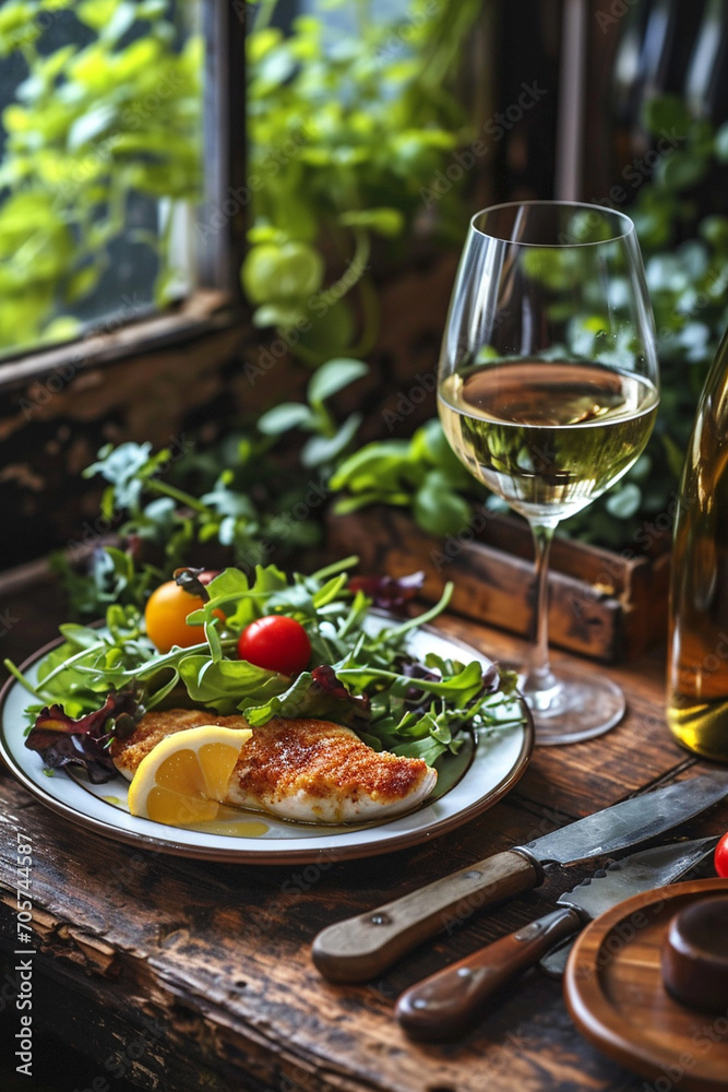 fish cutlet on greens and glass of wine on wooden background. delicious food.