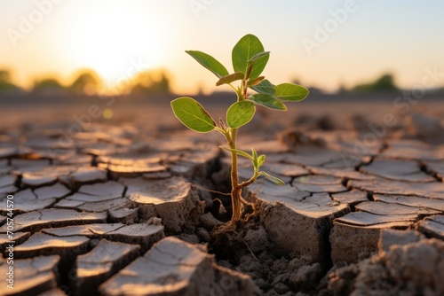  a small plant sprouting out of the cracks of a cracked earth surface with the sun setting in the distance in the middle of the horizon of the picture.