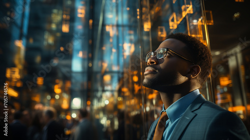close up of a black business man in suit gazing out of a building window with double exposure lines 