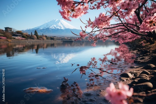  a body of water with a mountain in the background and pink flowers in the foreground and a body of water with rocks in the foreground and trees in the foreground.