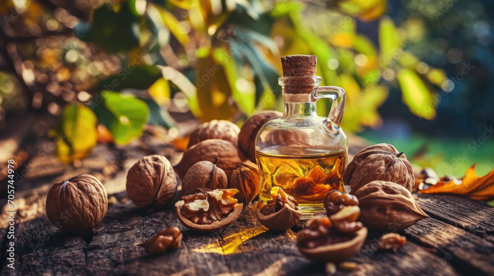 Walnut oil next to walnut kernels against a background of wood Walnut oil next to walnut kernels against a background of wood