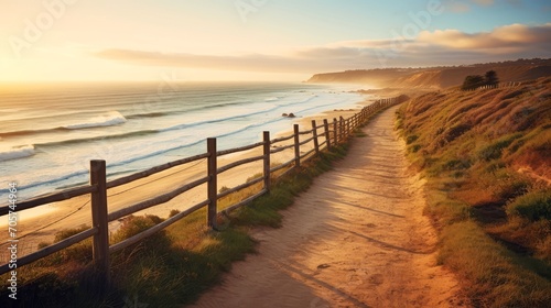 Empty wooden walkway on the ocean coast in the sunset time, pathway to beach photo