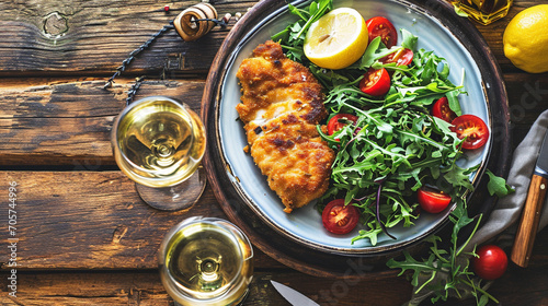 fish cutlet on greens and glass of wine on wooden background. delicious food. photo