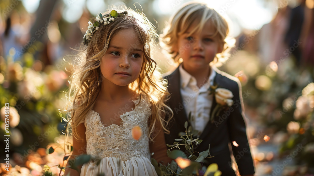 Children participate in a joyful outdoor wedding celebration while surrounded by beautiful floral arrangements during golden hour Children participate in a joyful outdoor wedding celebration while surrounded by beautiful floral arrangements during golden hour
