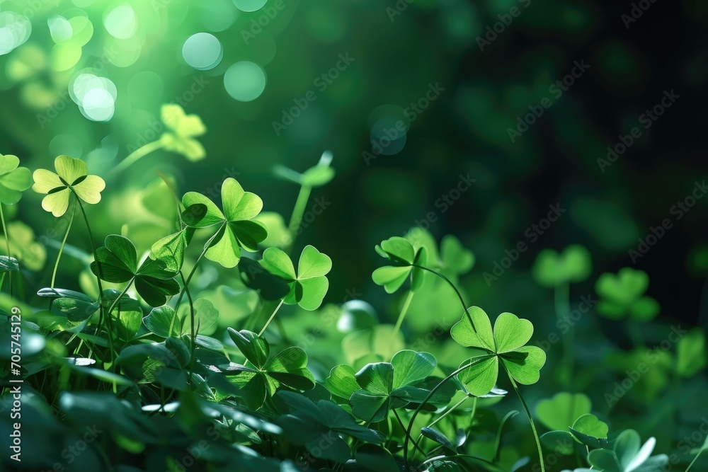 Green background with three-leaved shamrocks. St. Patrick's day holiday symbol. Green background with three-leaved shamrocks. St. Patrick's day holiday symbol.