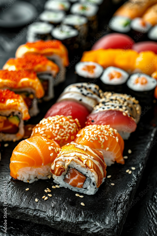 Fresh delicious Japanese sushi on a dark background. sushi, rolls Fresh delicious Japanese sushi on a dark background. sushi, rolls