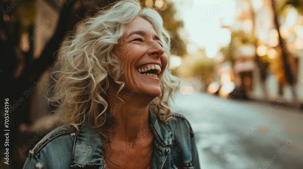 Woman with curly hair laughing on a quiet street during golden hour, highlighting joy and serenity in a charming urban setting Woman with curly hair laughing on a quiet street during golden hour, highlighting joy and serenity in a charming urban setting
