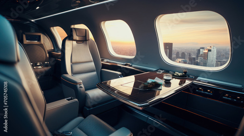 A private jet interior equipped with state-of-the-art technology