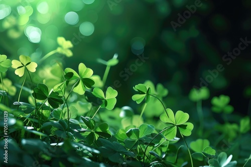 Green background with three-leaved shamrocks. St. Patrick s day holiday symbol.
