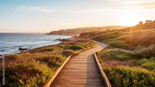 Empty wooden walkway on the ocean coast in the sunset time, pathway to beach