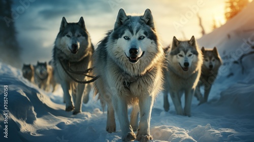  a group of wolfs walking in the snow with their heads turned towards the camera and their backs turned towards the camera, with the sun shining through the clouds in the background. © Nadia