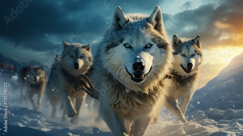  a group of wolfs running across a snow covered field in front of a sky with clouds and sun shining down on the snow covered ground and a mountain behind them.