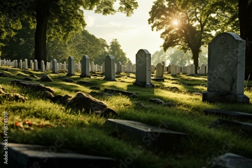 Sacred ground Peaceful cemetery with rows of timeless grave stones photo