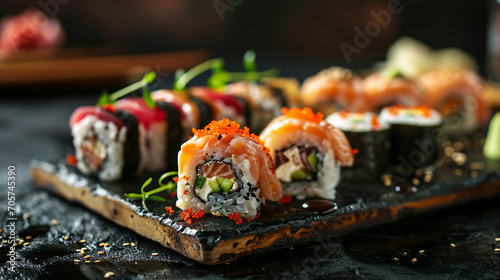 Fresh delicious Japanese sushi on a dark background. sushi, rolls photo