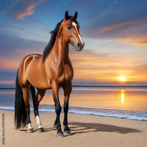 Brown horse on sandy beach at sunset © SR07XC3