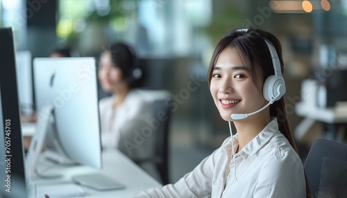 Smiling customer support operator with hands-free headset working in the office