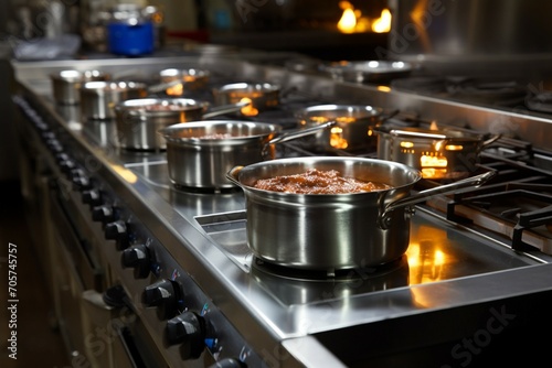 Cooking array Stainless steel pots on display atop the restaurant stove