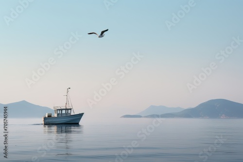  a boat floating on top of a large body of water next to a bird flying over a boat on top of a large body of water with mountains in the background.